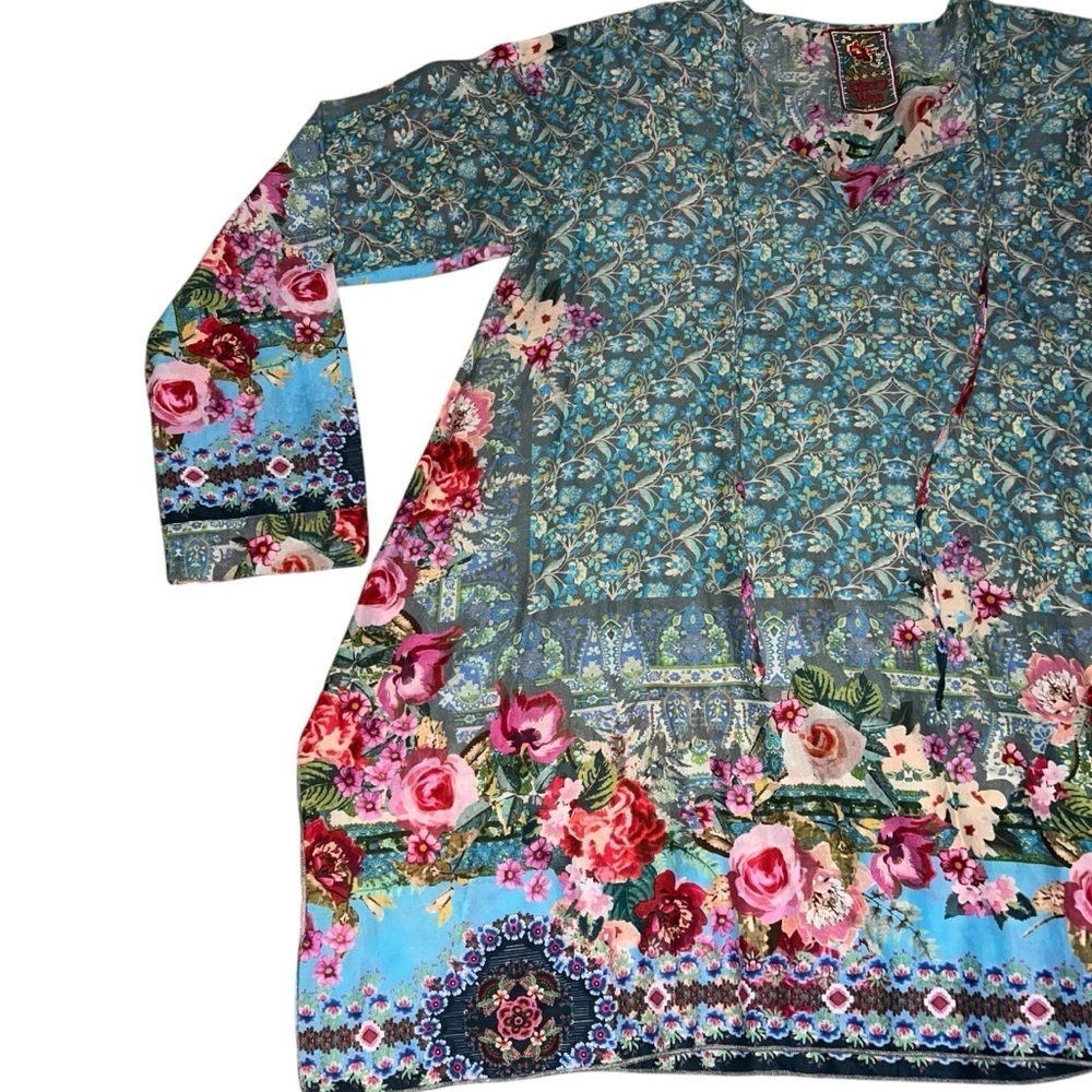 EUC Johnny Was Floral Patterned Tunic Top Tie Front Medium Cotton Sustainable - Picture 4 of 13